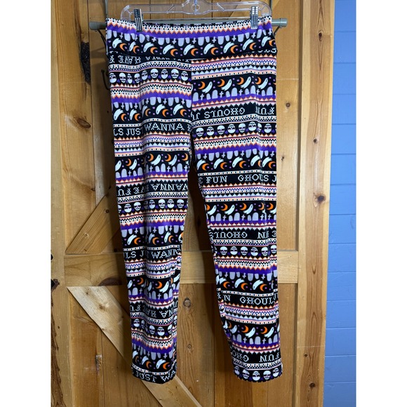 Halloween Leggings XL Ghosts Skeletons Fun Print Spooky Purple Orange - Picture 1 of 3